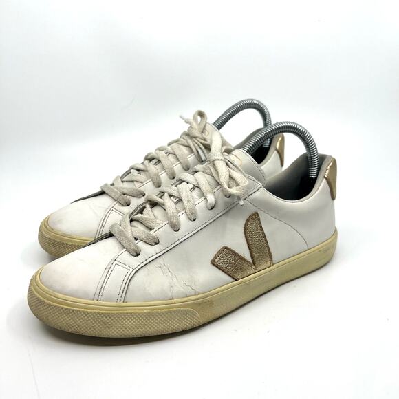 VEJA Esplar White and Gold Leather Sneakers Women's 7 US - Picture 1 of 9